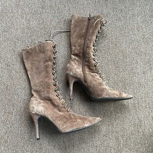 newport news stiletto mid calf boots brown suede victorian granny cottage  7.5